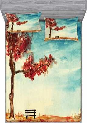 Ambesonne Tree Fitted Sheet & Pillow Sham Set, Watercolors Design of a Tree and Bench Earth Ecological Protection for Future Image, Decorative Printed 3 Piece Bedding Decor Set, Full, Orange Blue