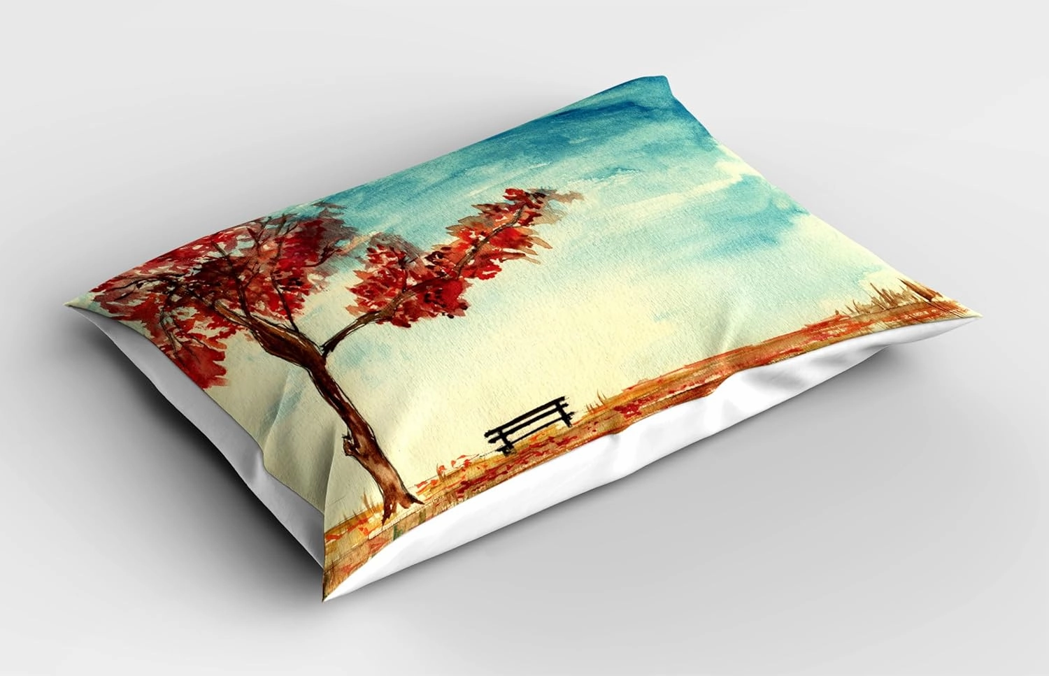 Ambesonne Tree Pillow Sham Set of 2, Watercolors Design of a Tree and Bench Earth Ecological Protection for Future Image, Quality Microfiber Bedding Item for All Seasons, 26" x 20", Orange Blue
