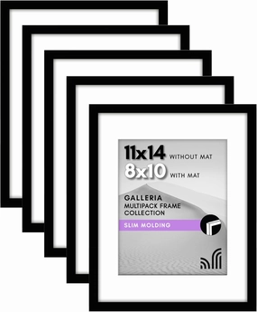 Americanflat 11x14 Picture Frame with Polished Plexiglass - Set of 5 - Use as 8x10 Frame with Mat or Display 11x14 Photo Without Mat - Galleria Collection - Picture Frames for Wall Display - Black
