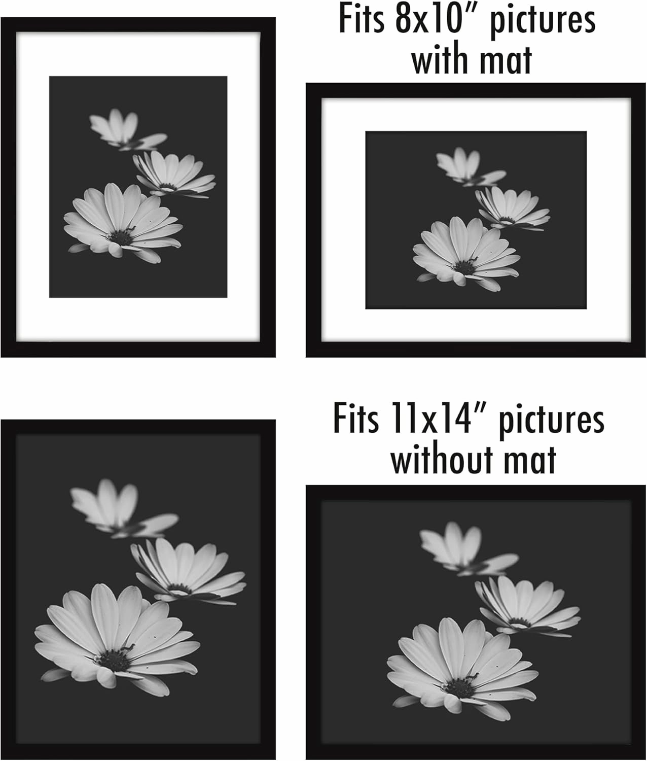 Americanflat 11x14 Picture Frame with Polished Plexiglass - Set of 5 - Use as 8x10 Frame with Mat or Display 11x14 Photo Without Mat - Galleria Collection - Picture Frames for Wall Display - Black