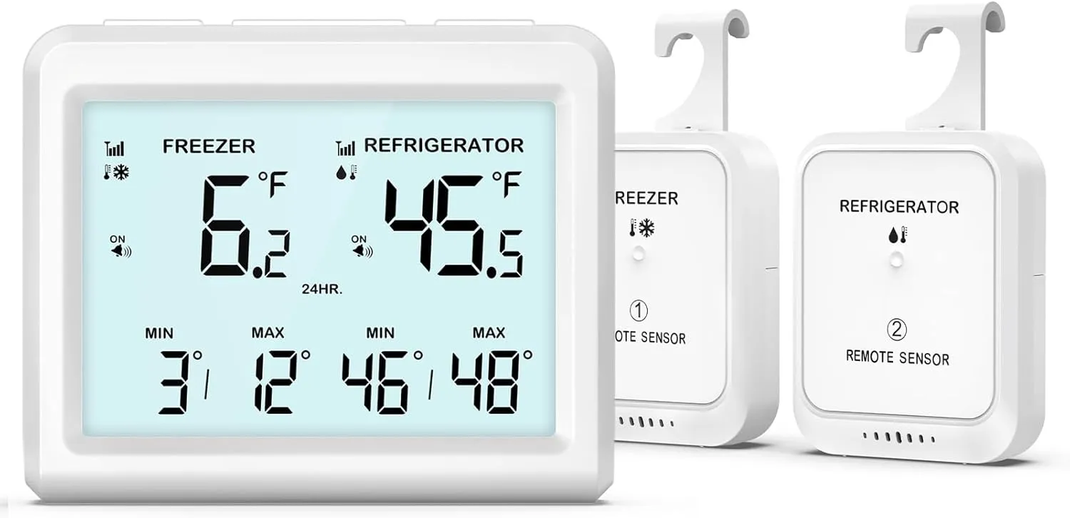 AMIR Wireless Refrigerator Thermometer, Digital Fridge and Freezer Thermometer with Alarm, Freezer Alarm with 2 Sensors, 3.7 inch LCD Fridge Thermometer for Home and Restaurants