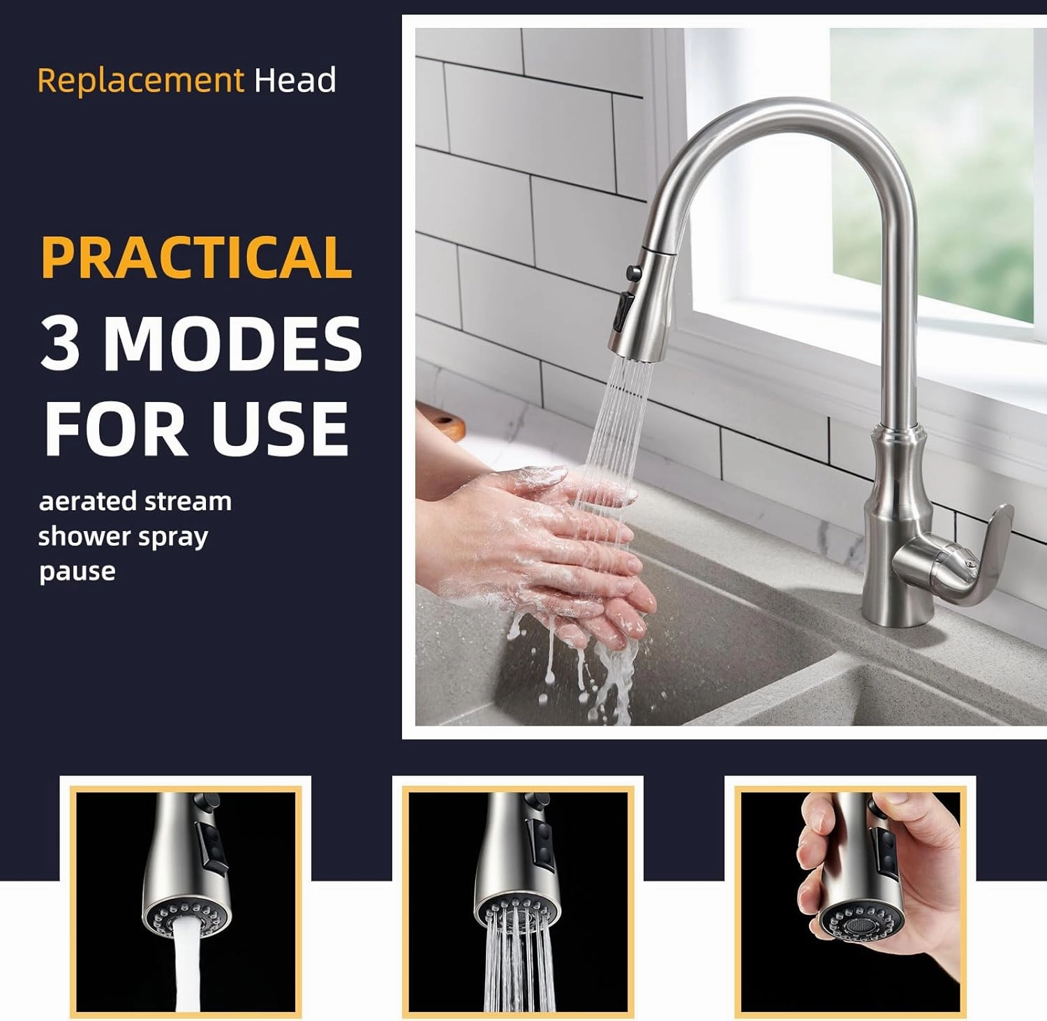 Angle Simple Kitchen Faucet Head Replacement, Sink Faucet Sprayer Attachment, Stream Spray and Pause Mode, Brushed Nickel
