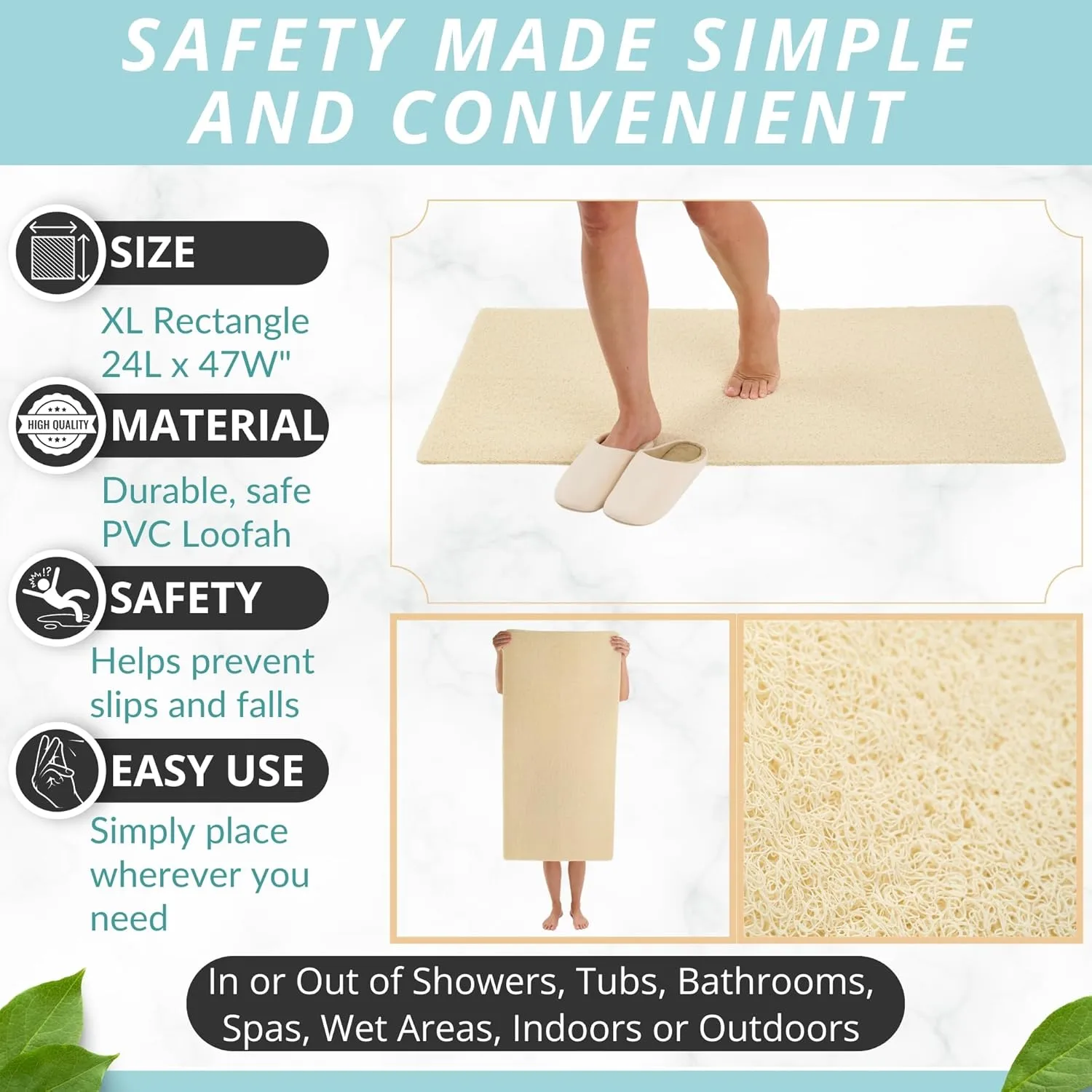 Anti Slip Shower Mat - Non Slip Shower Mats for Inside Shower - Large 47x24 Loofah Shower Floor Mat Non Slip - Bath Mat for Shower - Secure Mat Without Suction Cups (47x24 Light Beige)