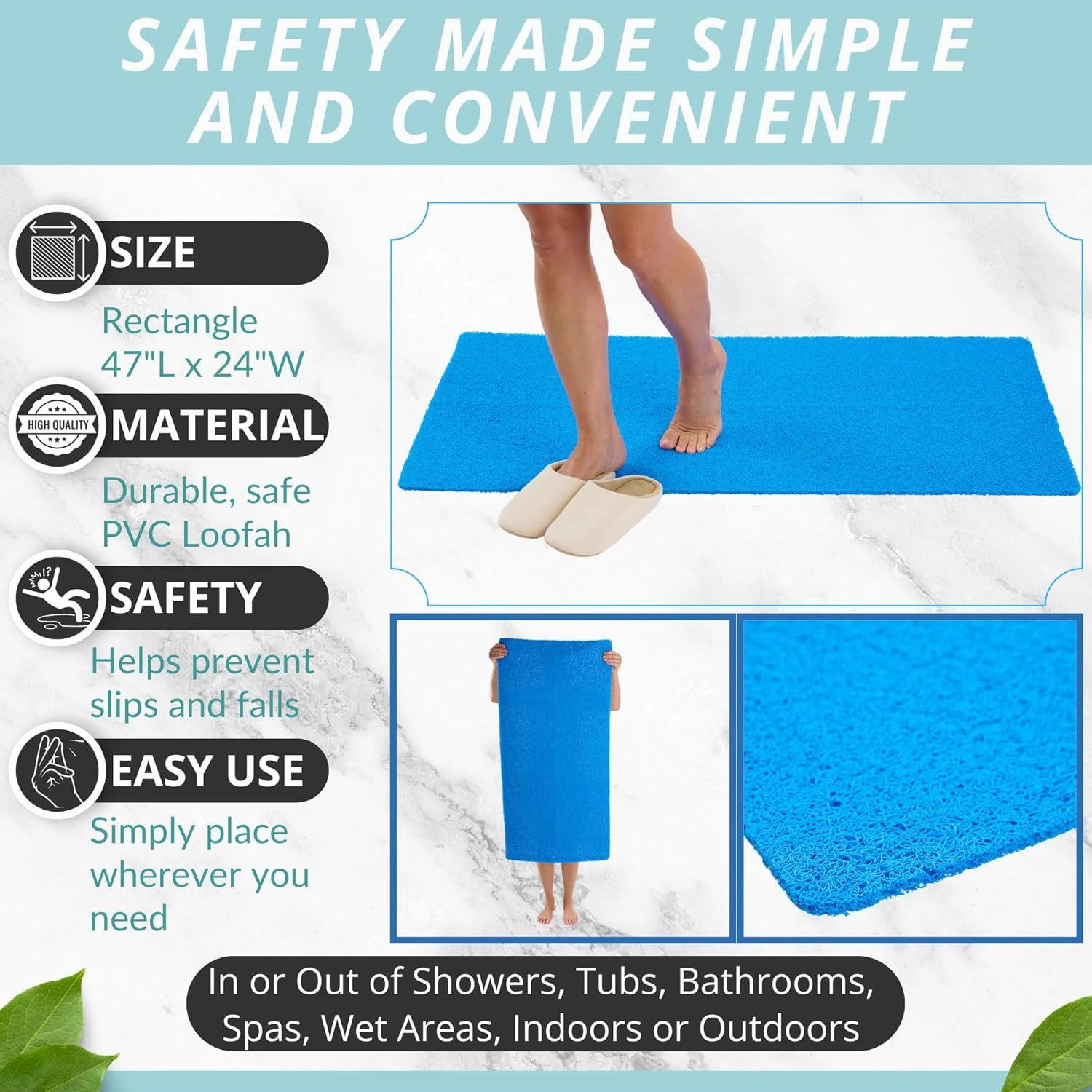 Anti Slip Shower Mat - Non Slip Shower Mats for Inside Shower - Large 47x24 Loofah Shower Floor Mat Non Slip - Bath Mat for Shower - Secure Mat Without Suction Cups (47x24 Blue)
