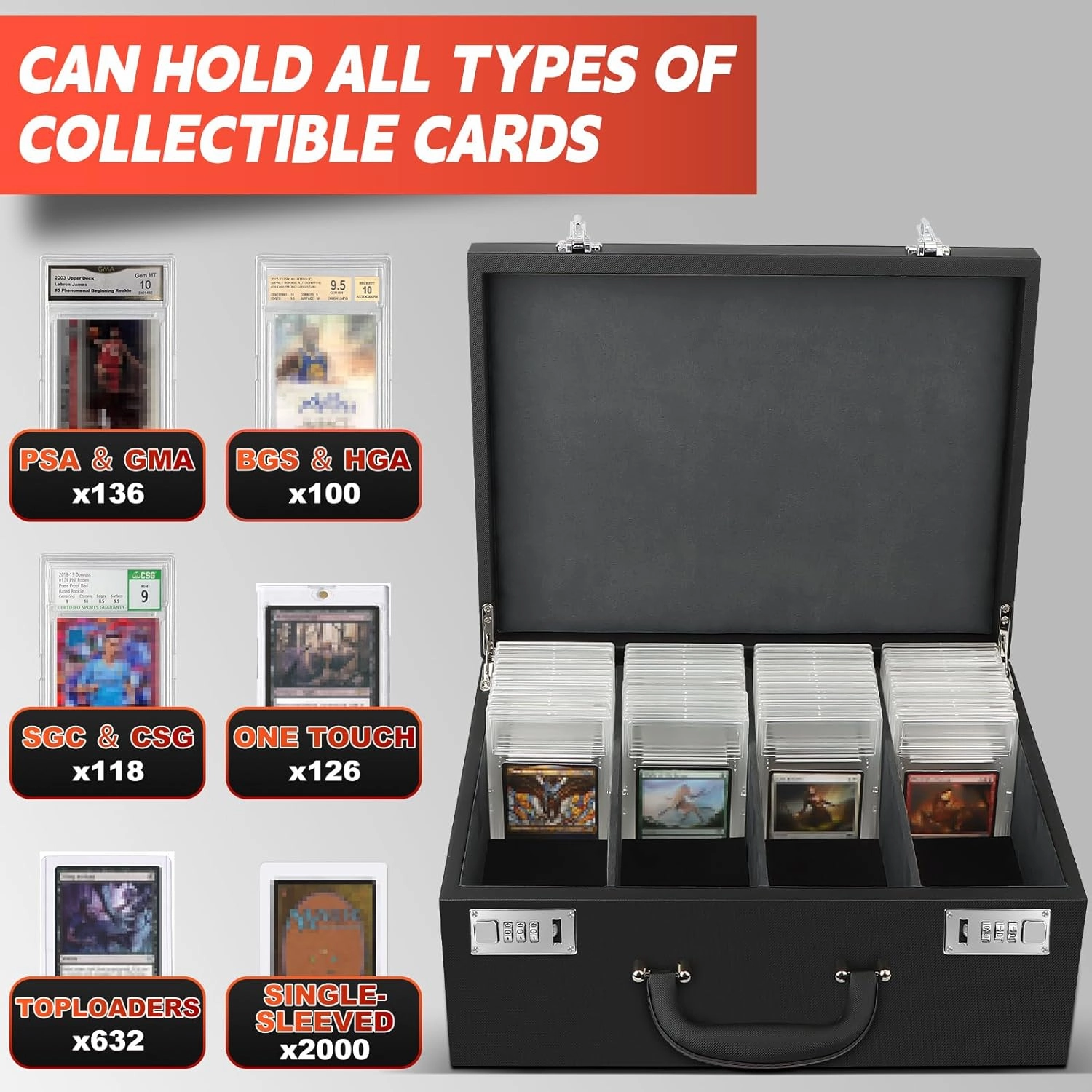 AOBOPLE Graded Card Storage Box,Holds 136  PSA/GMA Slab or 632  Toploaders,4 Row PSA Slab Case for Graded Cards Fits 3"x4" 35pt Cards,Compatible with BGS/HGA/SGC/CSG Slab Cases