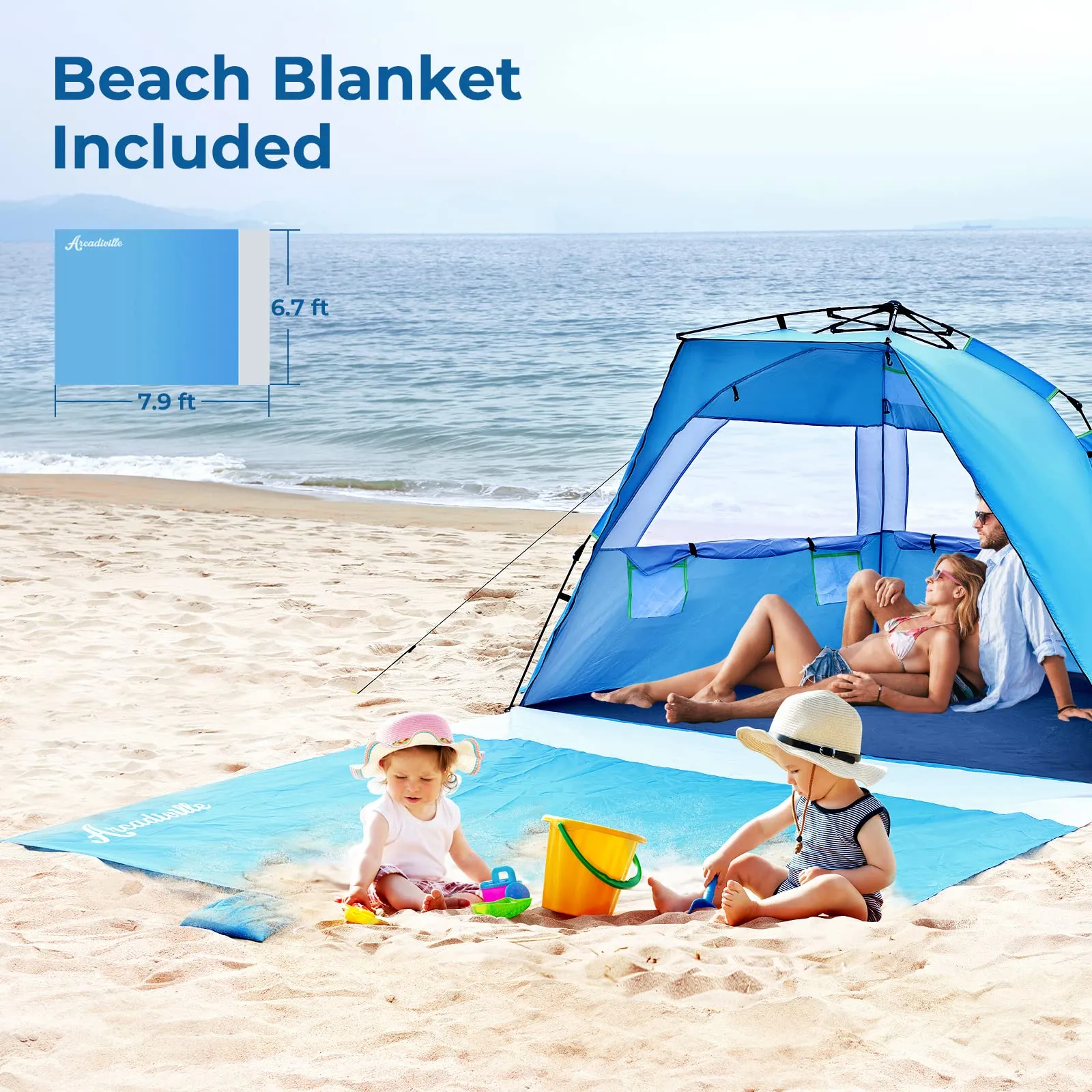 ArcadiVille Pop up Beach Tent, Anti-UV Sun Shelter 4 Person Tent for Beach UPF 50 , Portable Lightweight Beach Shade Canopy Sun Tent w/Extended Floor, Guylines & Stakes, 3 Ventilated Windows (Blue)