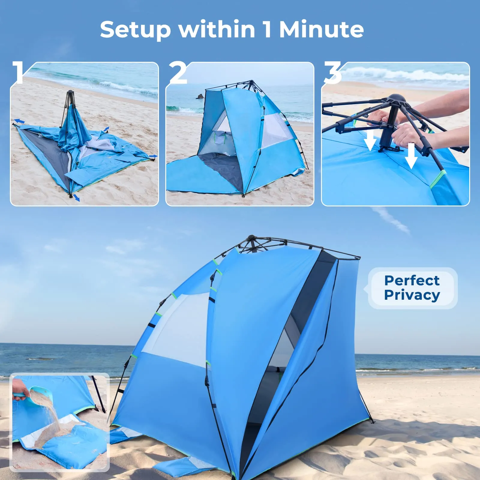 ArcadiVille Pop up Beach Tent, Anti-UV Sun Shelter 4 Person Tent for Beach UPF 50 , Portable Lightweight Beach Shade Canopy Sun Tent w/Extended Floor, Guylines & Stakes, 3 Ventilated Windows (Blue)