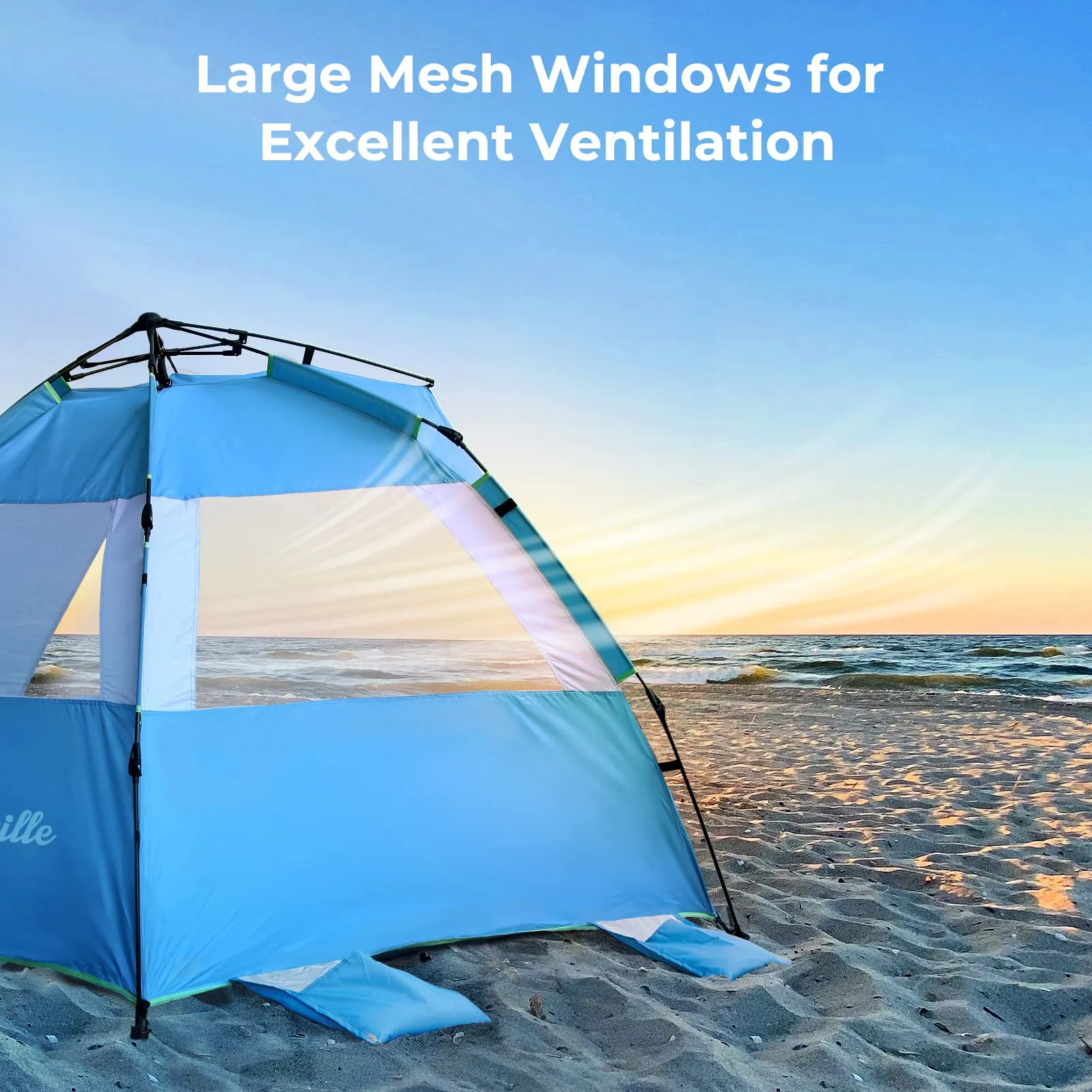 ArcadiVille Pop up Beach Tent, Anti-UV Sun Shelter 4 Person Tent for Beach UPF 50 , Portable Lightweight Beach Shade Canopy Sun Tent w/Extended Floor, Guylines & Stakes, 3 Ventilated Windows (Blue)
