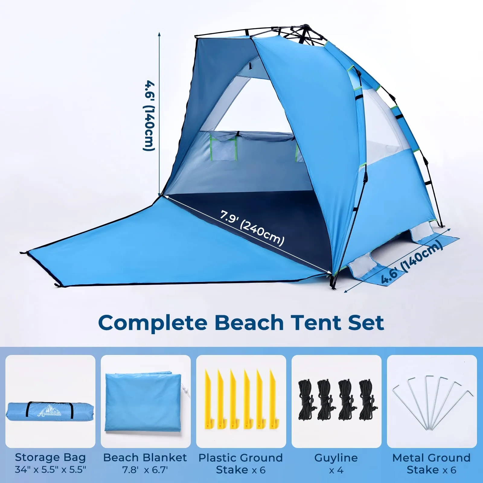 ArcadiVille Pop up Beach Tent, Anti-UV Sun Shelter 4 Person Tent for Beach UPF 50 , Portable Lightweight Beach Shade Canopy Sun Tent w/Extended Floor, Guylines & Stakes, 3 Ventilated Windows (Blue)