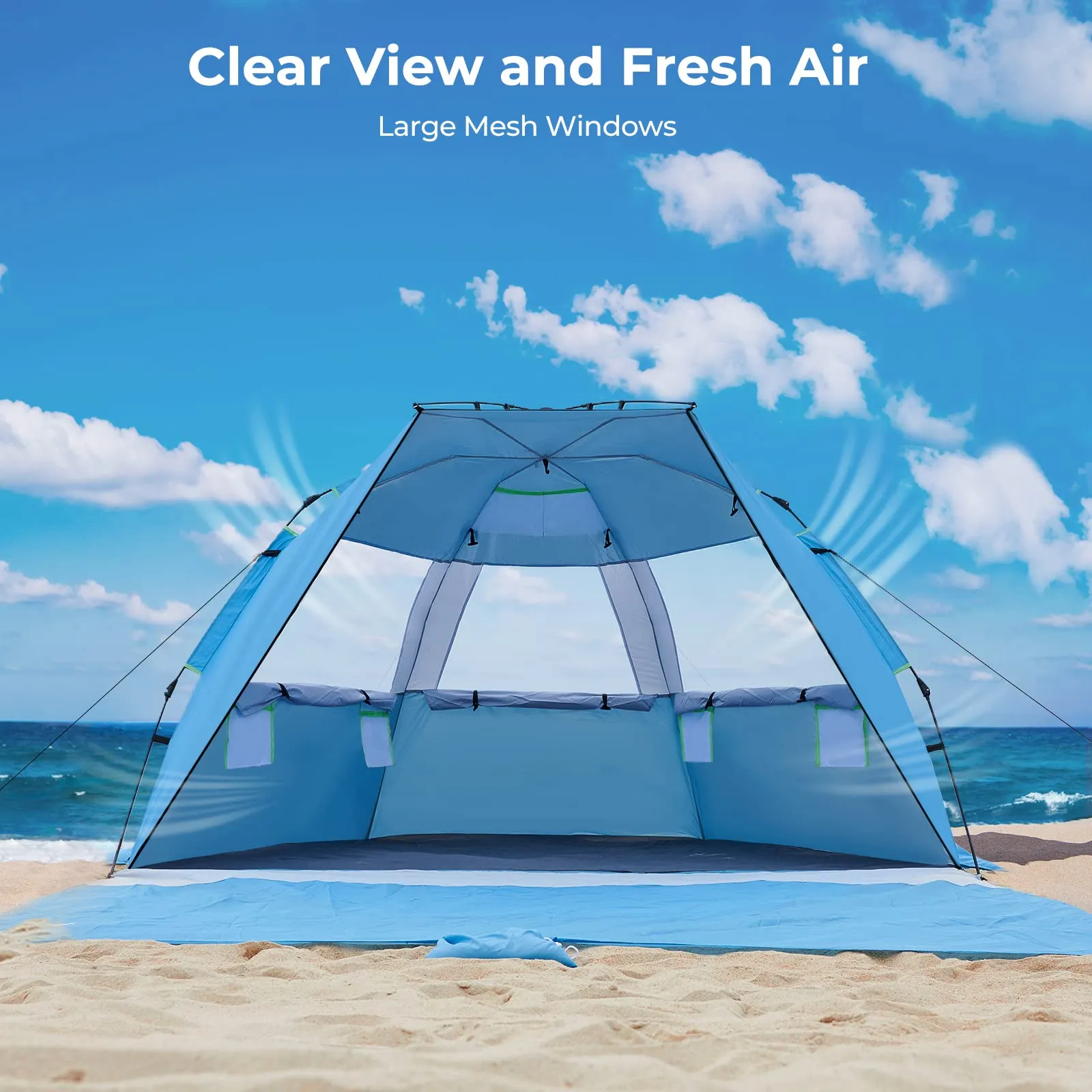 ArcadiVille Pop up Beach Tent, Anti-UV Sun Shelter 4 Person Tent for Beach UPF 50 , Portable Lightweight Beach Shade Canopy Sun Tent w/Extended Floor, Guylines & Stakes, 3 Ventilated Windows (Blue)