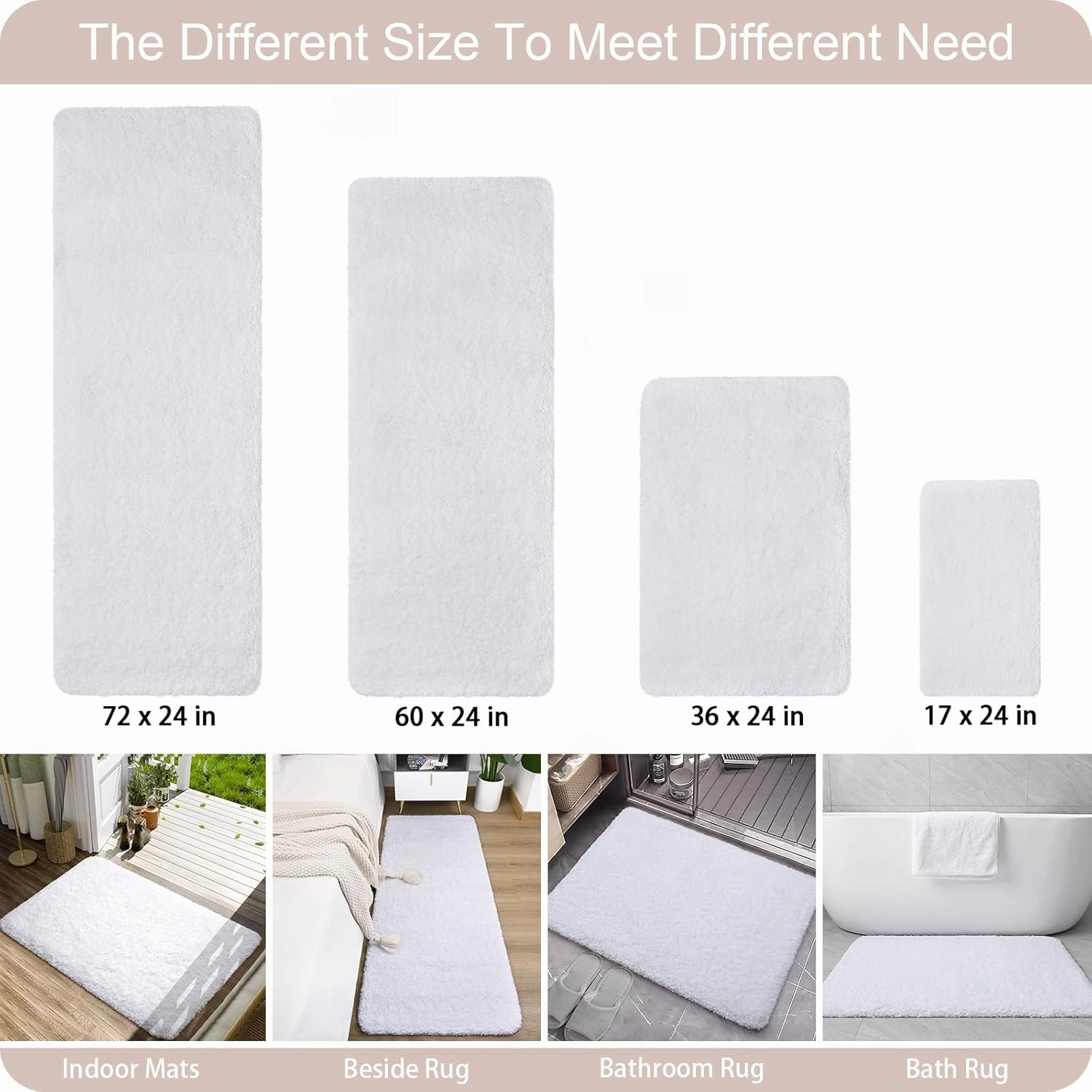 AROGAN Luxury Non Slip Bathroom Rug, Thick Soft and Absorbent Microfiber Bath Mat, Rubber Backing Quick Dry Rugs Carpets, Machine Washable Plush Mats for Shower Floor, Bathroom, 24x72 Inch White