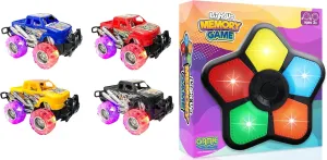 ArtCreativity Light Up Monster Trucks for Boys and Girls, 4-Pack Toy Truck Set   Electronic Memory Game with Lights and Sounds, Handheld Memory Game for Kids, Mind-Sharpening Brain Games for Kids