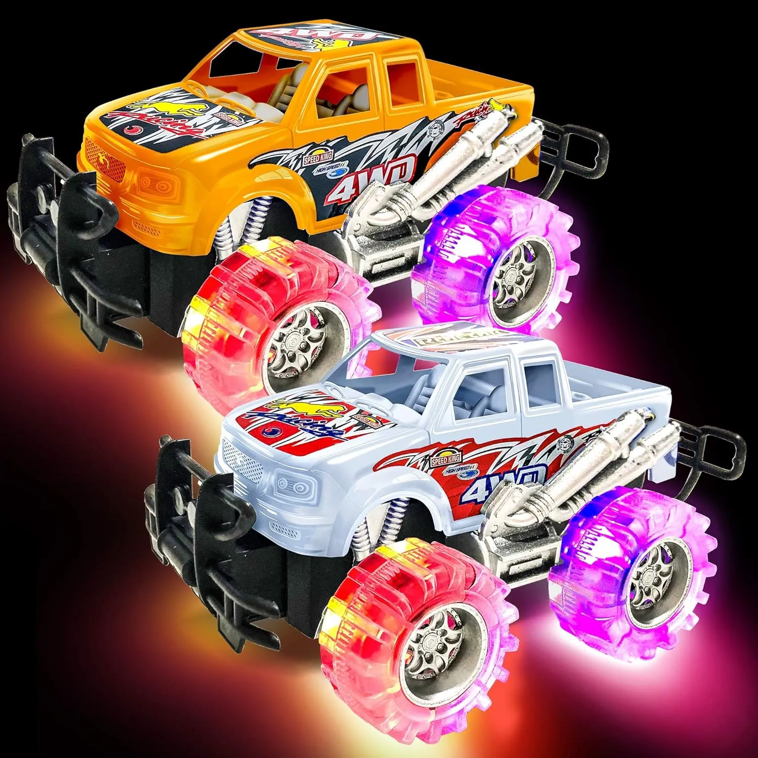 ArtCreativity Orange and White Light Up Monster Truck Set for Boys and Girls, Set Includes 2, 6 Inch Monster Trucks with Beautiful Flashing LED Tires, Push n Go Toy Cars, Best Gift for Kids Ages 3 