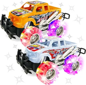 ArtCreativity Orange and White Light Up Monster Truck Set for Boys and Girls, Set Includes 2, 6 Inch Monster Trucks with Beautiful Flashing LED Tires, Push n Go Toy Cars, Best Gift for Kids Ages 3 