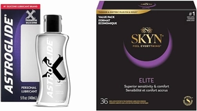 Astroglide X Premium Silicone Personal Lubricant (5oz), Extra Long-Lasting Silky & SKYN Elite – 36 Count – Ultra-Thin, Lubricated Latex-Free Condoms