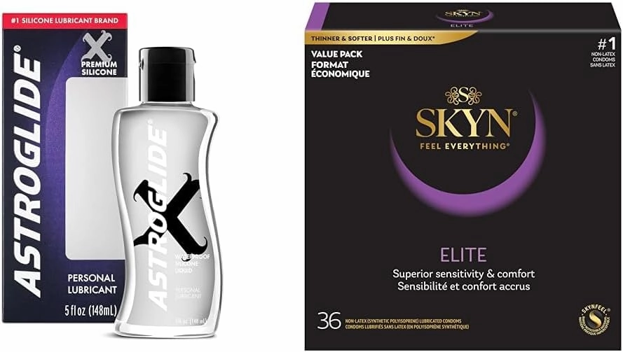 Astroglide X Premium Silicone Personal Lubricant (5oz), Extra Long-Lasting Silky & SKYN Elite – 36 Count – Ultra-Thin, Lubricated Latex-Free Condoms