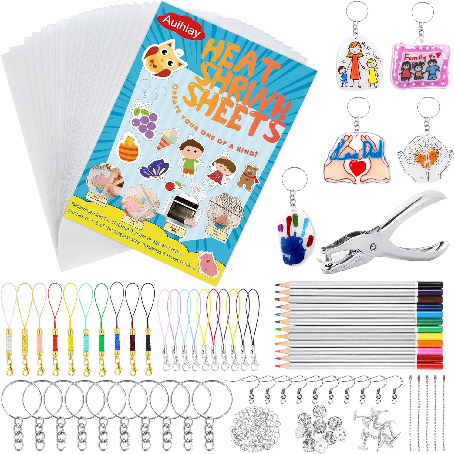 Auihiay 198 Pieces Shrink Plastic Kit Includes 20 Sheets Shrink Papers, Hole Punch, Keychain Accessories and Pencils for Shrinky Art and DIY Keychain Making Easter Mother Day Ornament