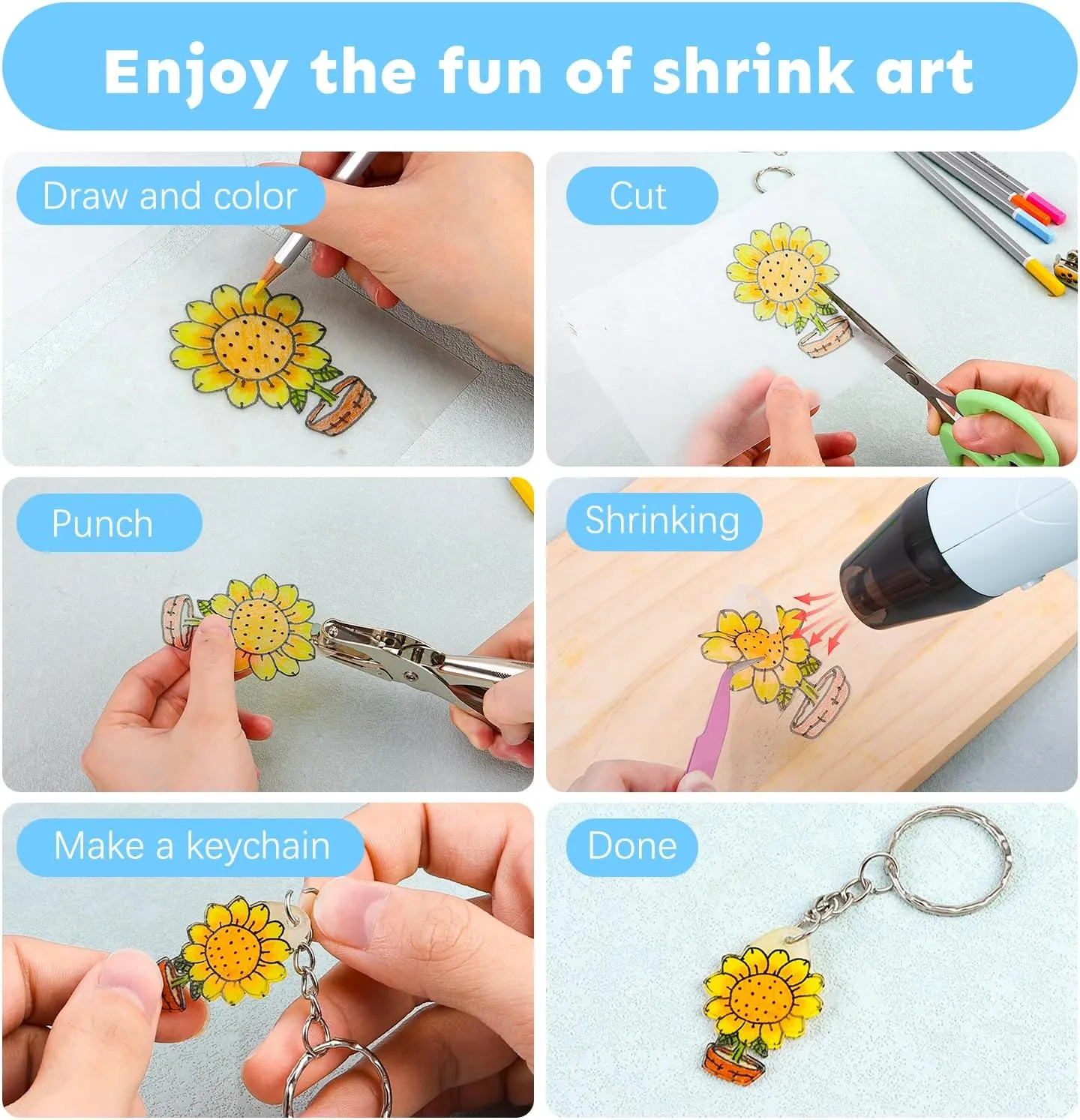 Auihiay 198 Pieces Shrink Plastic Kit Includes 20 Sheets Shrink Papers, Hole Punch, Keychain Accessories and Pencils for Shrinky Art and DIY Keychain Making Easter Mother Day Ornament