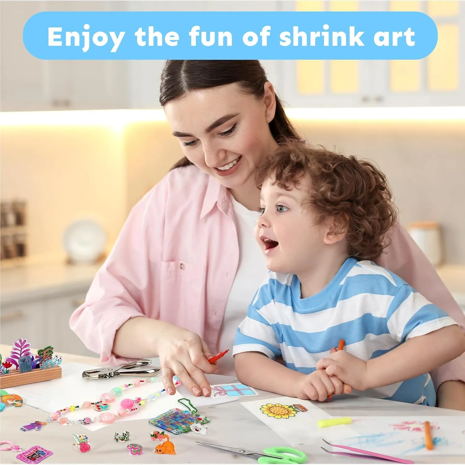 Auihiay 198 Pieces Shrink Plastic Kit Includes 20 Sheets Shrink Papers, Hole Punch, Keychain Accessories and Pencils for Shrinky Art and DIY Keychain Making Easter Mother Day Ornament