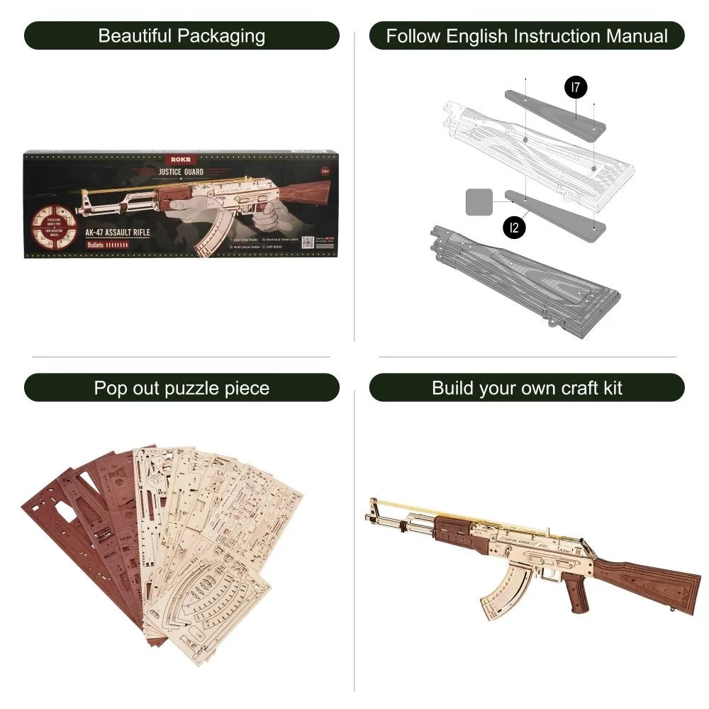Automatic Rifle AK-47 Gift For Boys Wooden Puzzle Gun