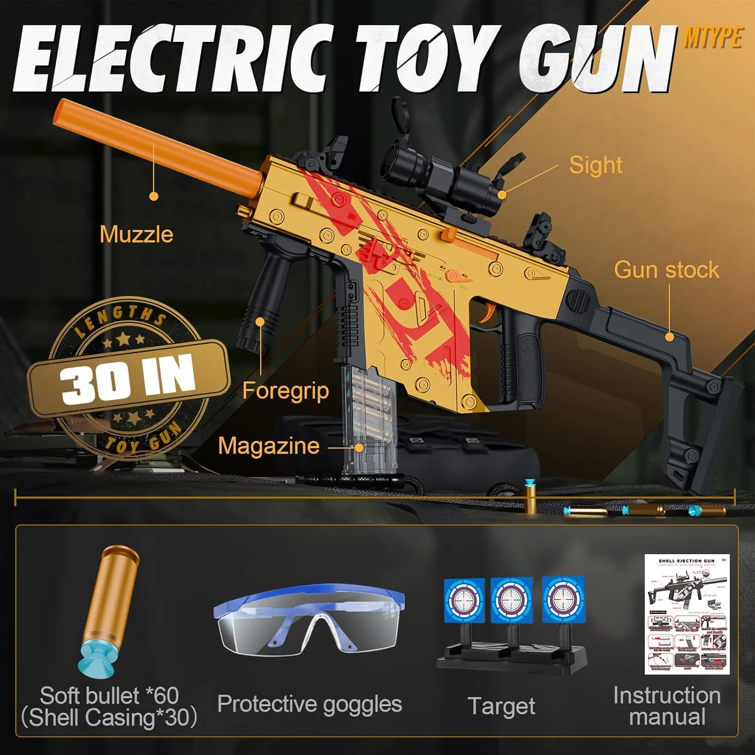 Automatic Toy Gun for Soft Bullets, Auto-Manual Shell Ejecting Toy Foam Blasters & Guns with Soft Darts, Toys for 8  Year Old Boys Adults, Birthday Chritmas Gift(Golden)
