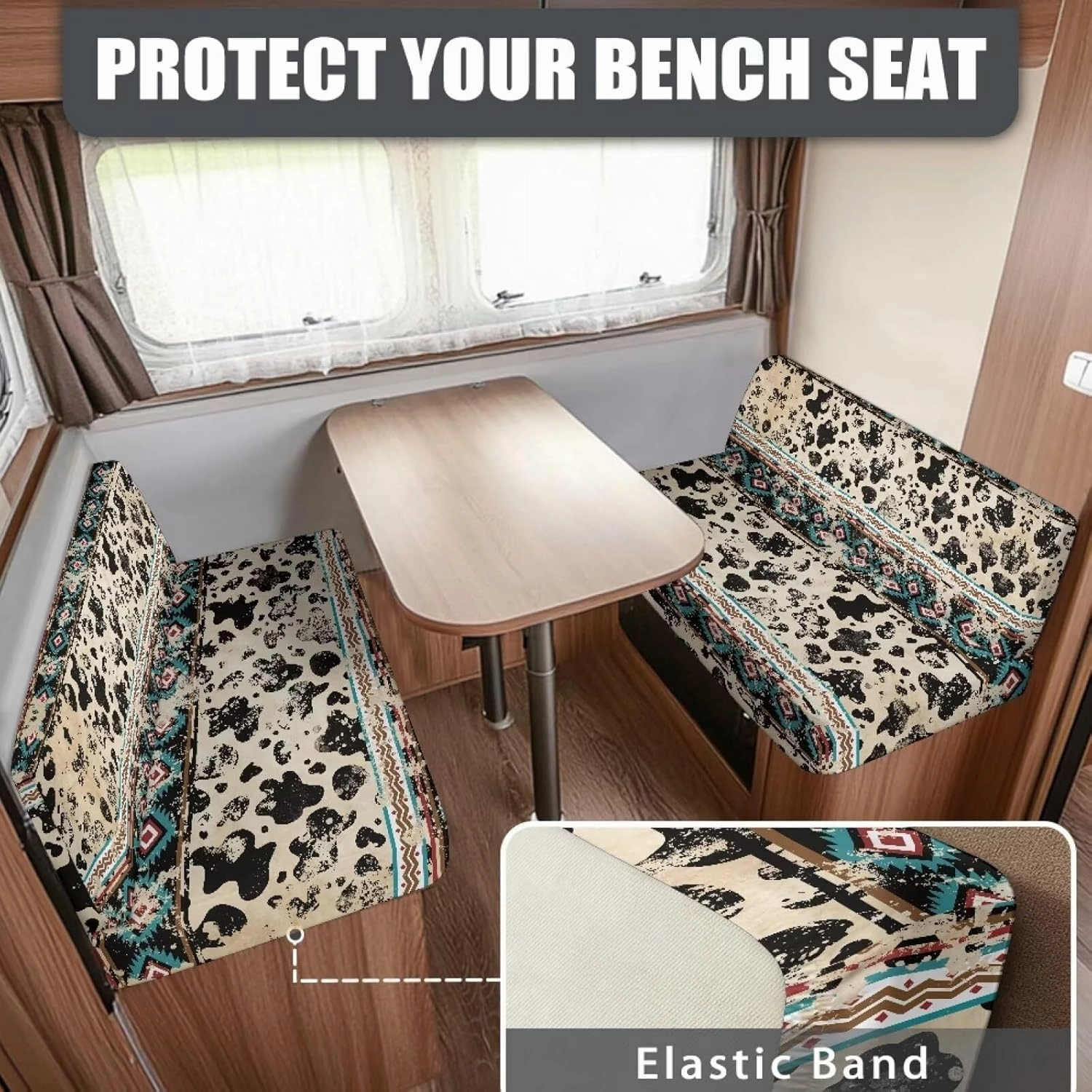 Aztec Cow Print RV Seat Covers Dinette Booth Cushions Retro Camper Cushion Covers 2 Cushion Couch Cover for RV Sofa Stretchy RV Bench Seat Covers for Travel Trailer Couch