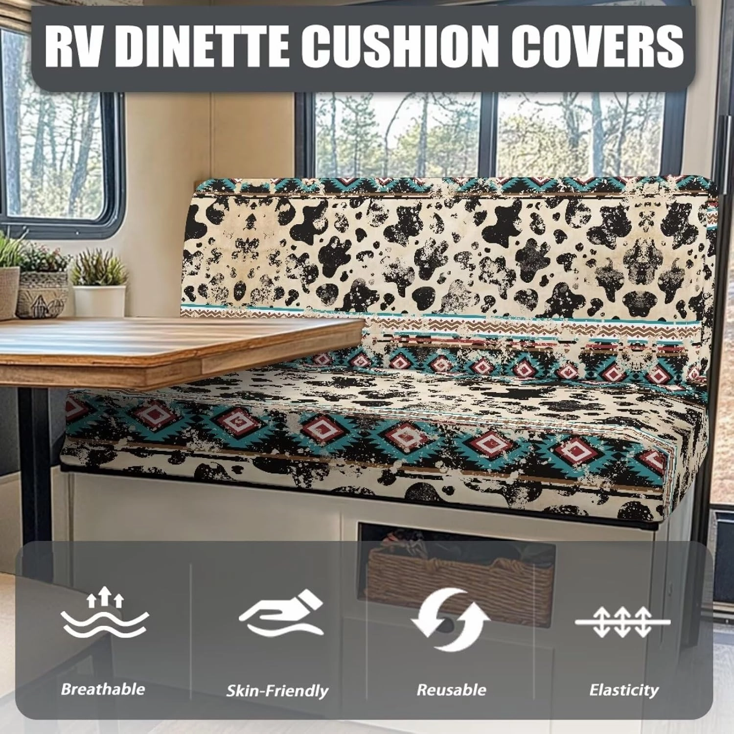 Aztec Cow Print RV Seat Covers Dinette Booth Cushions Retro Camper Cushion Covers 2 Cushion Couch Cover for RV Sofa Stretchy RV Bench Seat Covers for Travel Trailer Couch