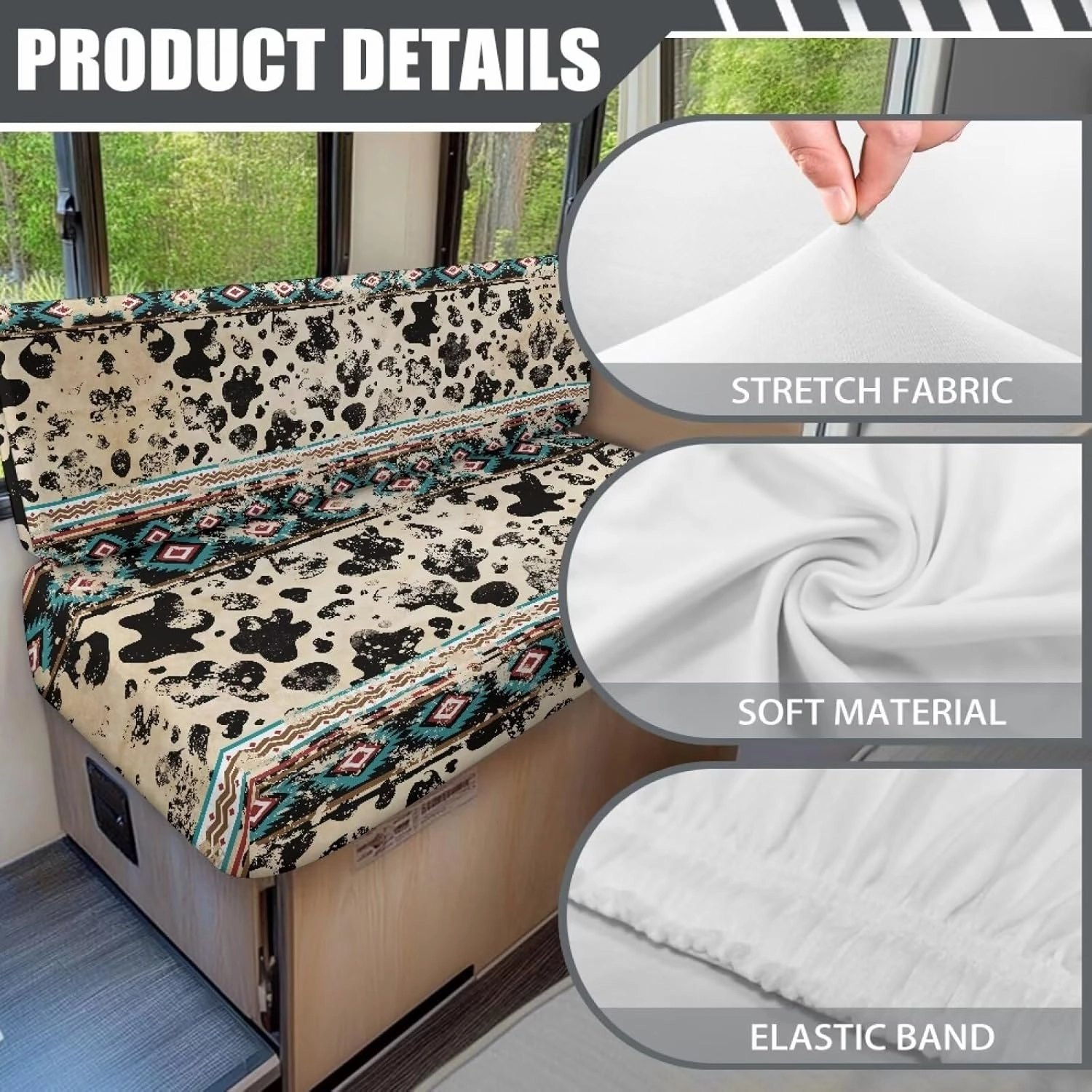 Aztec Cow Print RV Seat Covers Dinette Booth Cushions Retro Camper Cushion Covers 2 Cushion Couch Cover for RV Sofa Stretchy RV Bench Seat Covers for Travel Trailer Couch