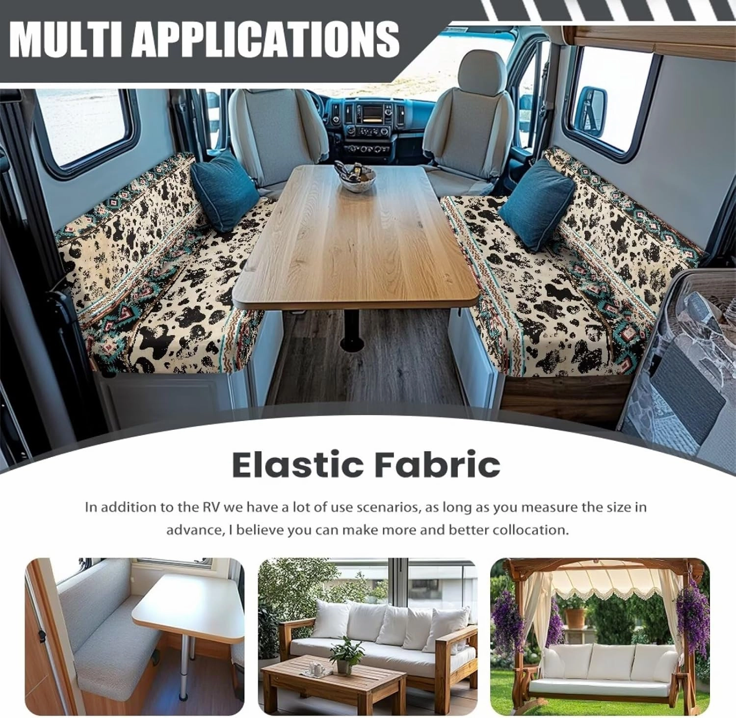 Aztec Cow Print RV Seat Covers Dinette Booth Cushions Retro Camper Cushion Covers 2 Cushion Couch Cover for RV Sofa Stretchy RV Bench Seat Covers for Travel Trailer Couch