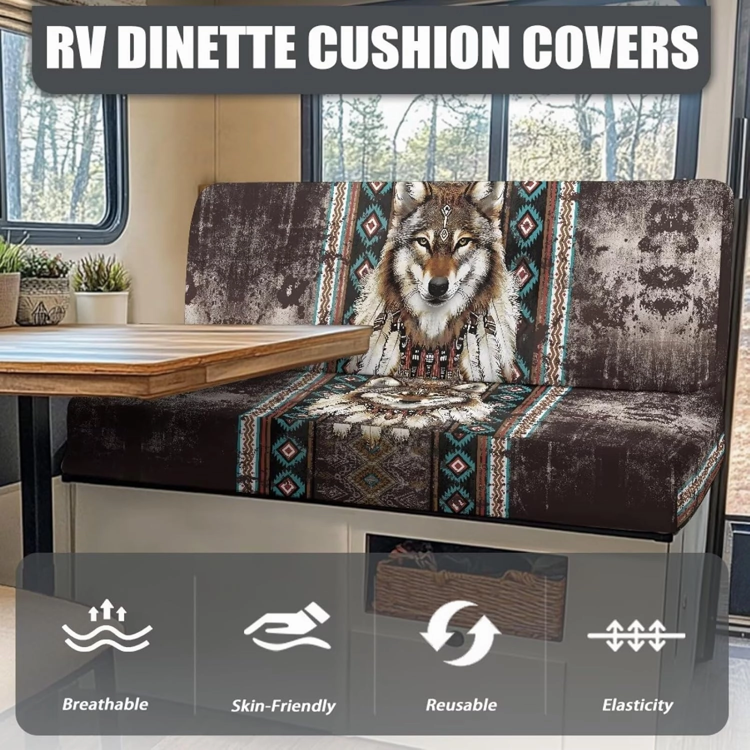 Aztec RV Dinette Cushion Covers Dreamcatcher Wolf Print RV Seat Covers Camper Cushion Covers Dinette Booth Set Washable RV Couch Cover 2 Cushion Sofa RV Beach Seat Covers for Dinette