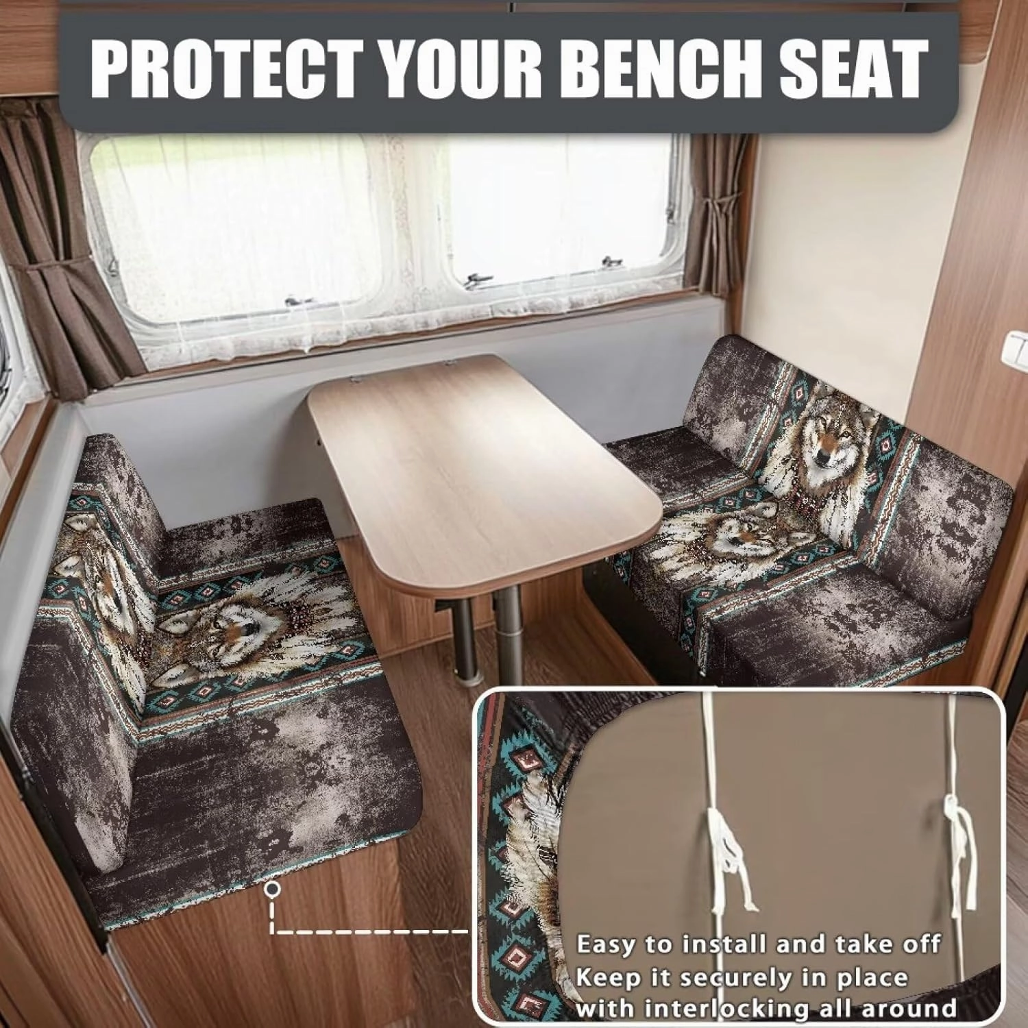 Aztec RV Dinette Cushion Covers Dreamcatcher Wolf Print RV Seat Covers Camper Cushion Covers Dinette Booth Set Washable RV Couch Cover 2 Cushion Sofa RV Beach Seat Covers for Dinette