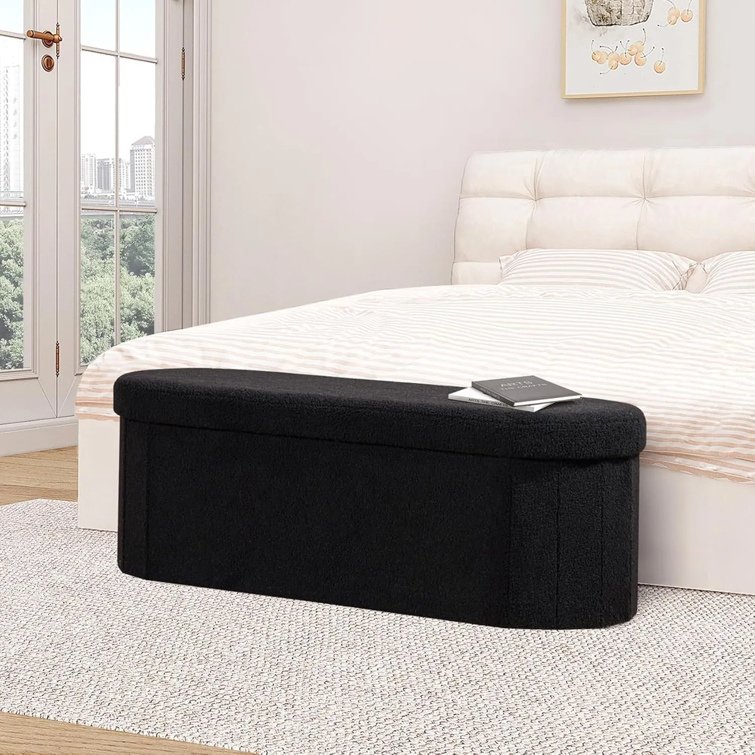 B FSOBEIIALEO Ottoman with Storage for Living Room, Sherpa Folding Storage Ottoman Foot Rest, 43.3 Inches Collapsible Bedroom Bench Black