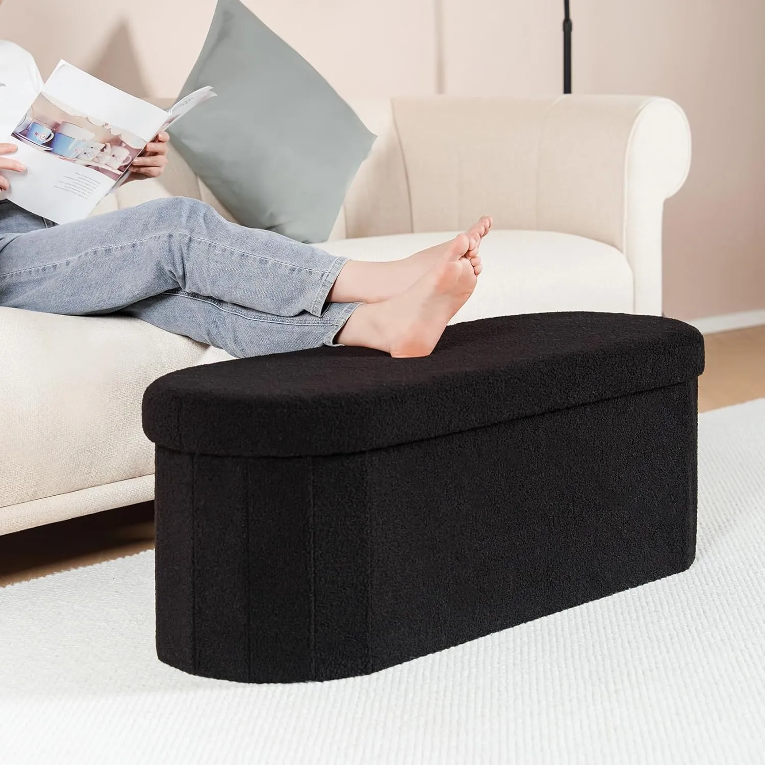 B FSOBEIIALEO Ottoman with Storage for Living Room, Sherpa Folding Storage Ottoman Foot Rest, 43.3 Inches Collapsible Bedroom Bench Black