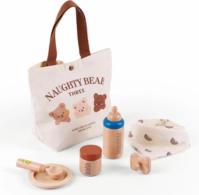 BABESIDE 7 PCS Reborn Baby Doll Wooden Playset for Baby Doll Girl Boy Accessories with Storage Bag, Wood Color