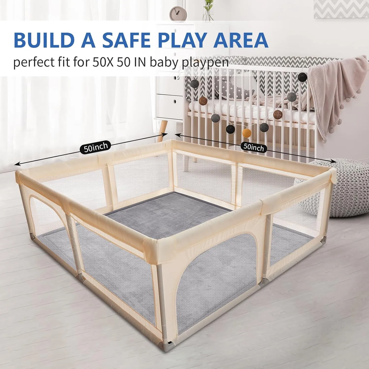 Baby Play Mat for Floor,1.3" Thick Elasti-Foam 50x50 Playpen Mat for Toddlers Infant kids,Water-Repellent Soft Coral Velvet for Tummy Time,Non-Slip Backing for Crawling,Tatami Style (Dark Grey)