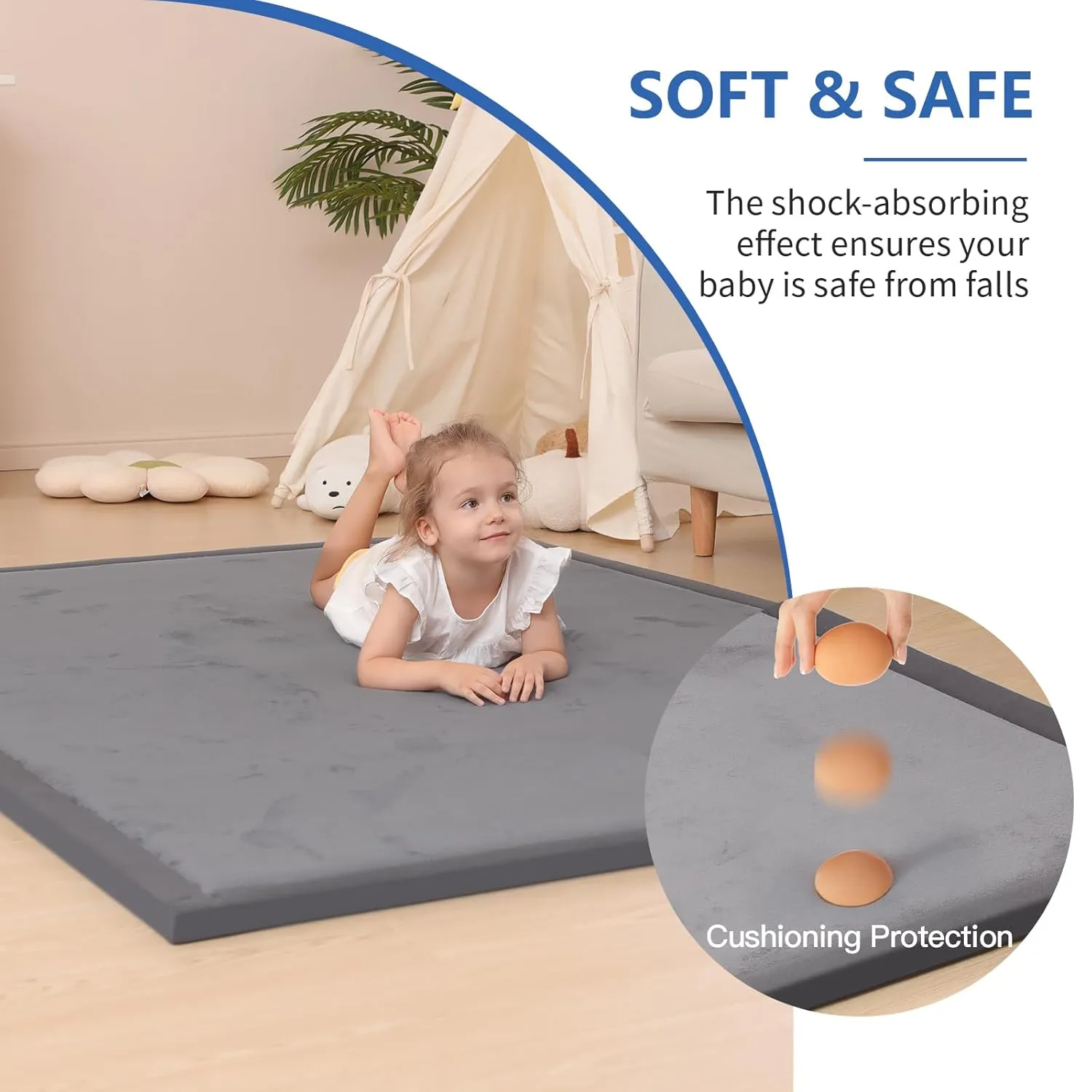 Baby Play Mat for Floor,1.3" Thick Elasti-Foam 50x50 Playpen Mat for Toddlers Infant kids,Water-Repellent Soft Coral Velvet for Tummy Time,Non-Slip Backing for Crawling,Tatami Style (Dark Grey)