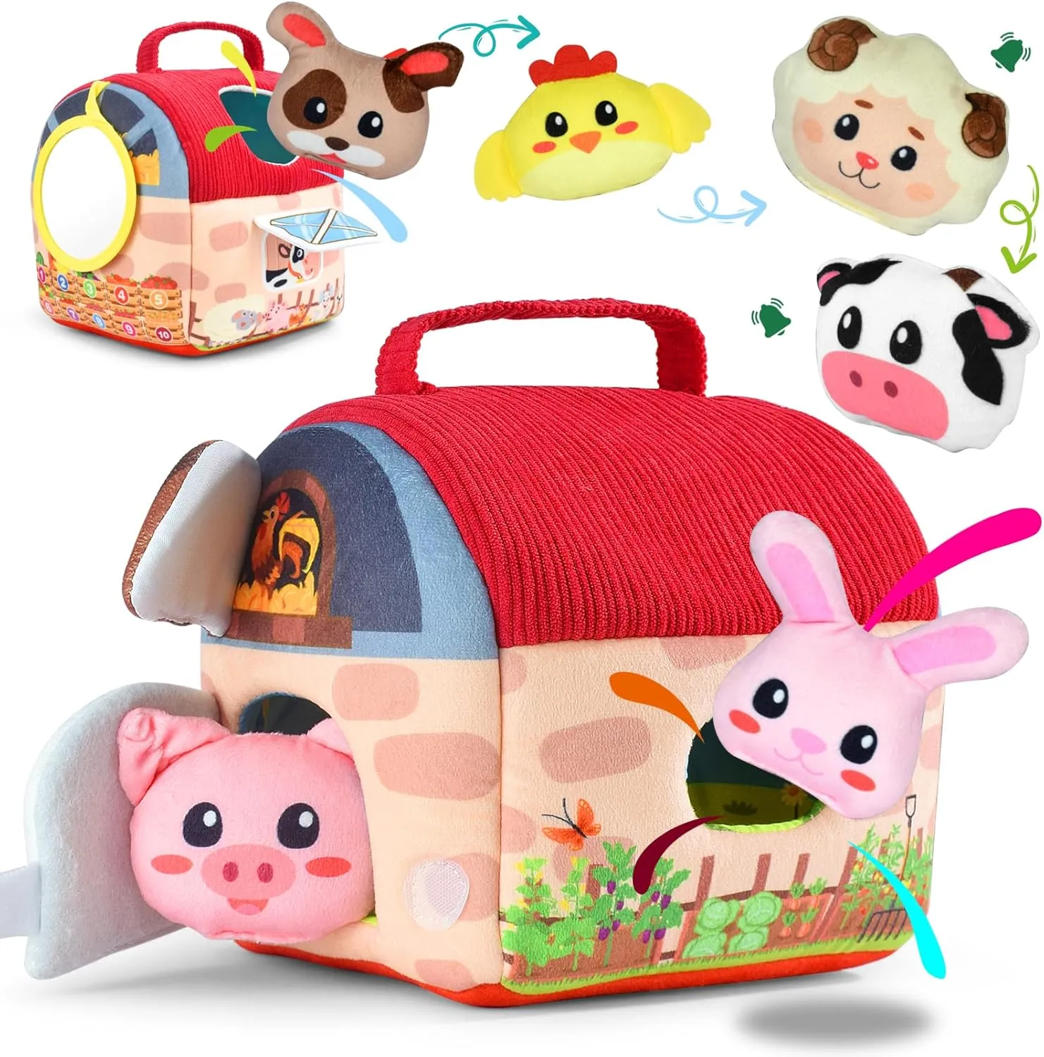 Baby Toys 6-12 Months - Mystery Soft Box Surprise Box with 6 Plush Toys - Soft Sensory Playset of Stuffed Animals with Sounds for Babies & Toddlers