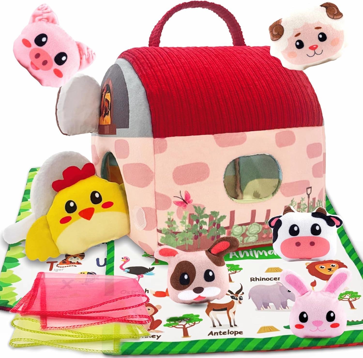 Baby Toys 6-12 Months - Mebuceiop Farm Animal Barn Playset Includes Animals with Rattles, Crinkle Paper, Silk Scarf and Safety Mirror - Baby Sensory & Montessori Toys for Toddlers 1-3 Boy Girl Gifts