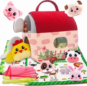 Baby Toys 6-12 Months - Mebuceiop Farm Animal Barn Playset Includes Animals with Rattles, Crinkle Paper, Silk Scarf and Safety Mirror - Baby Sensory & Montessori Toys for Toddlers 1-3 Boy Girl Gifts