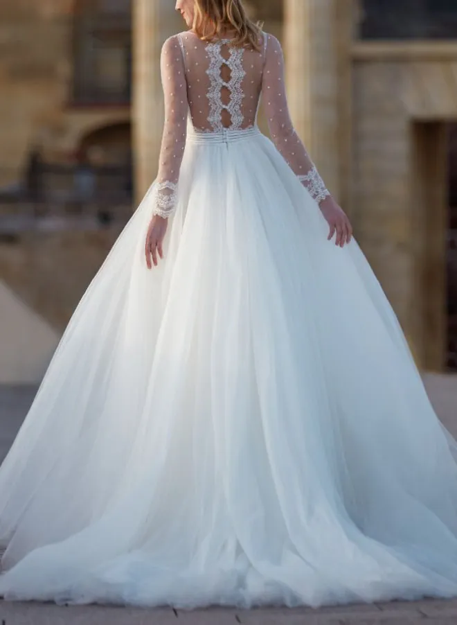 Ball Gown Tulle Wedding Dress with Long Sleeves and V Neck