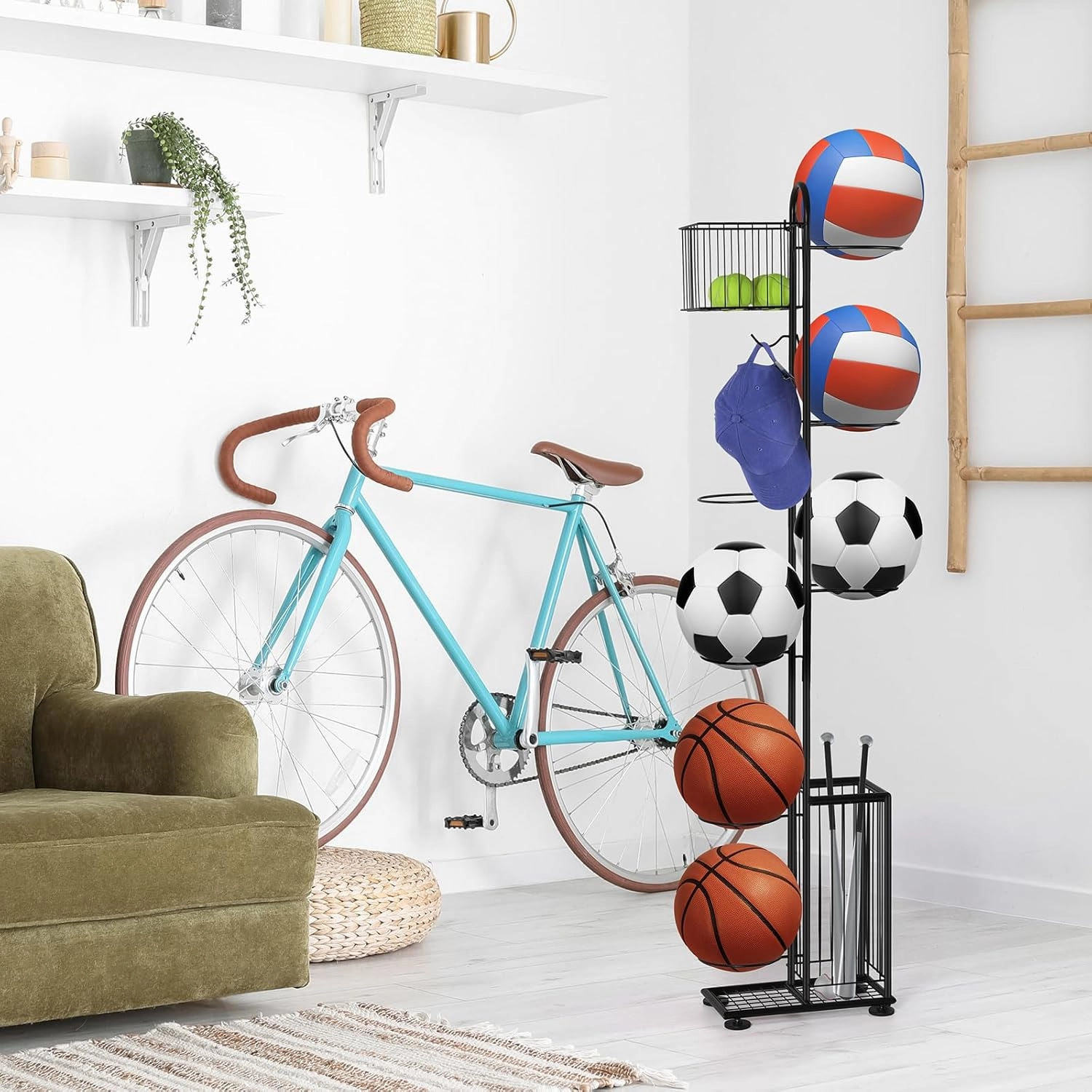 Basketball Ball Storage Rack 7 Tier Standing Basketball Holder Vertical Garage Ball Storage Ball Sports Equipment Storage Organizer with Baskets and Hooks for Volleyball Football Badminton, Black