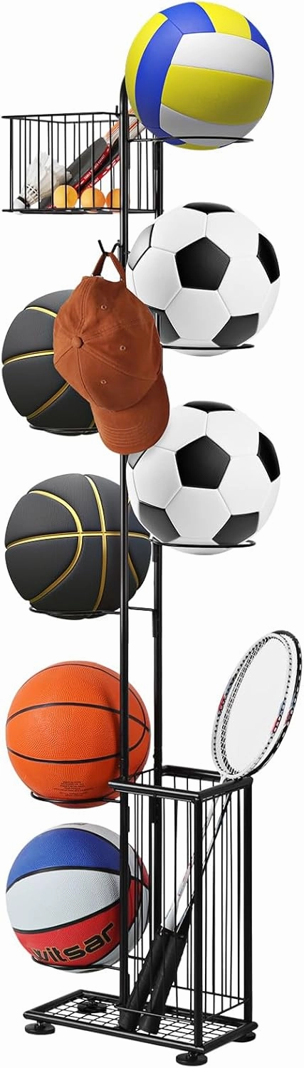 Basketball Ball Storage Rack 7 Tier Standing Basketball Holder Vertical Garage Ball Storage Ball Sports Equipment Storage Organizer with Baskets and Hooks for Volleyball Football Badminton, Black