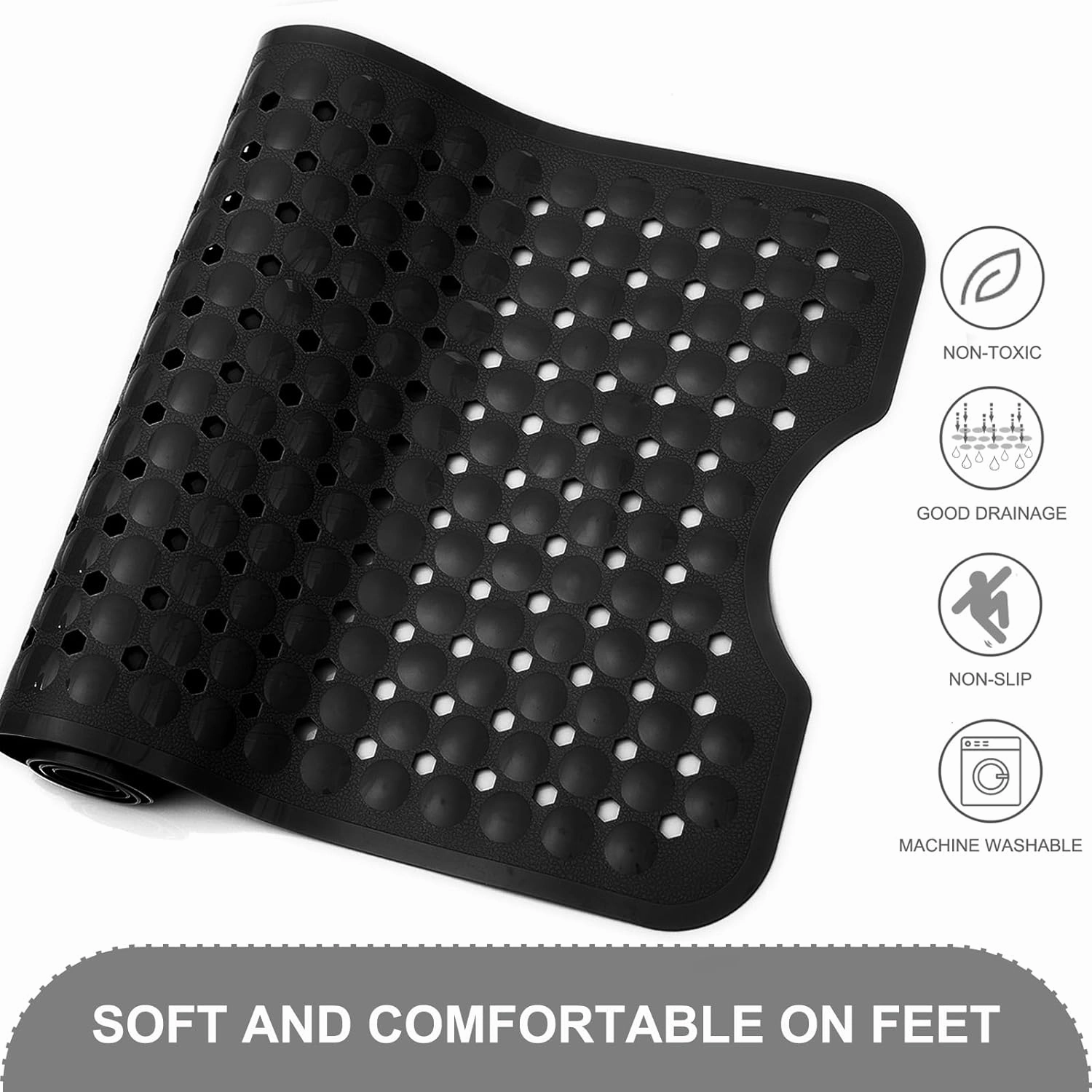 Bath Tub and Shower Mats, Non Slip 40 x 16 Inch Extra Long Bathtub Mat, Machine Washable Bathmat with Drain Holes, Suction Cups for Bathroom Floor, Black