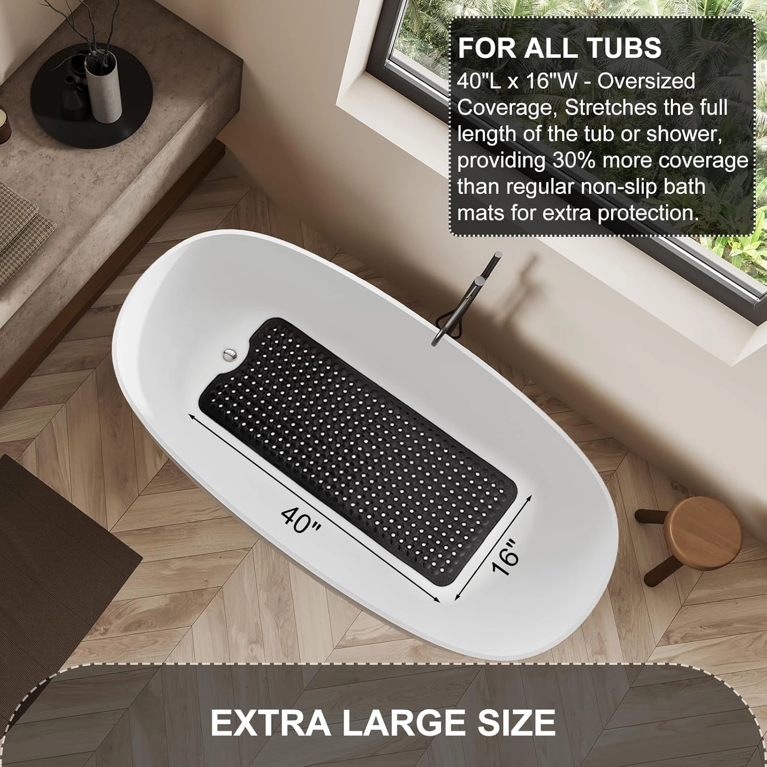 Bath Tub and Shower Mats, Non Slip 40 x 16 Inch Extra Long Bathtub Mat, Machine Washable Bathmat with Drain Holes, Suction Cups for Bathroom Floor, Black