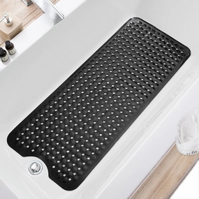 Bath Tub and Shower Mats, Non Slip 40 x 16 Inch Extra Long Bathtub Mat, Machine Washable Bathmat with Drain Holes, Suction Cups for Bathroom Floor, Black