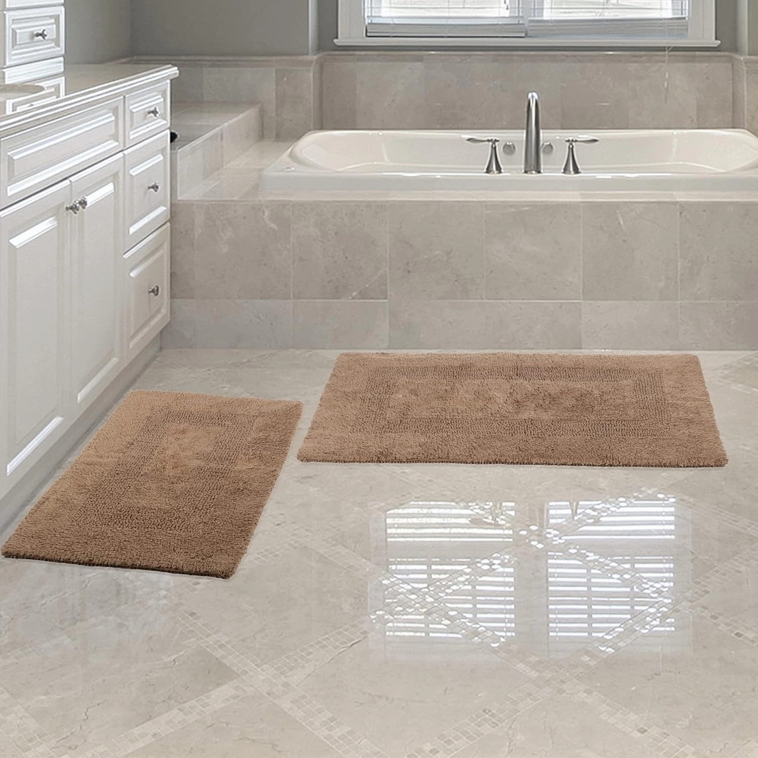 Bathroom Rugs - 2-Piece Cotton Bathroom Mat Set - Machine Washable Bath Mats for Washroom, Kitchen, or Laundry Room by Lavish Home (Taupe)