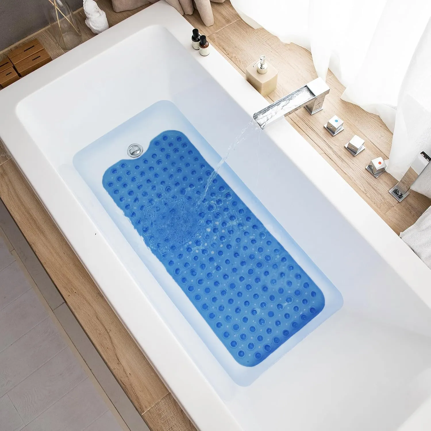 Bathtub Mats for Shower Tub, Extra Long Non-Slip 39 x 16 Inch Bath Mat with Drain Holes and Suction Cups, BathMat for Bathroom with Machine Washable (Clear Blue)
