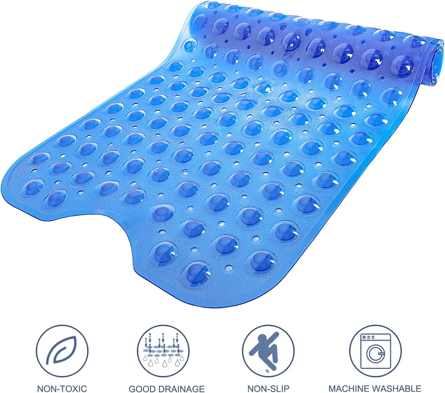 Bathtub Mats for Shower Tub, Extra Long Non-Slip 39 x 16 Inch Bath Mat with Drain Holes and Suction Cups, BathMat for Bathroom with Machine Washable (Clear Blue)