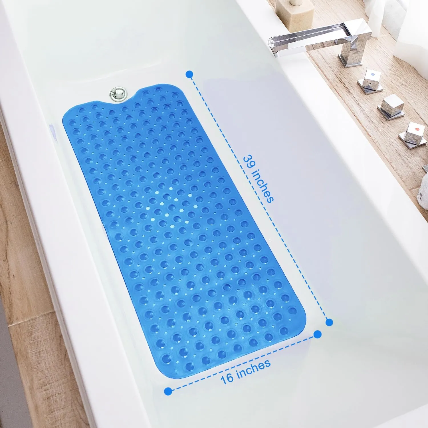 Bathtub Mats for Shower Tub, Extra Long Non-Slip 39 x 16 Inch Bath Mat with Drain Holes and Suction Cups, BathMat for Bathroom with Machine Washable (Clear Blue)