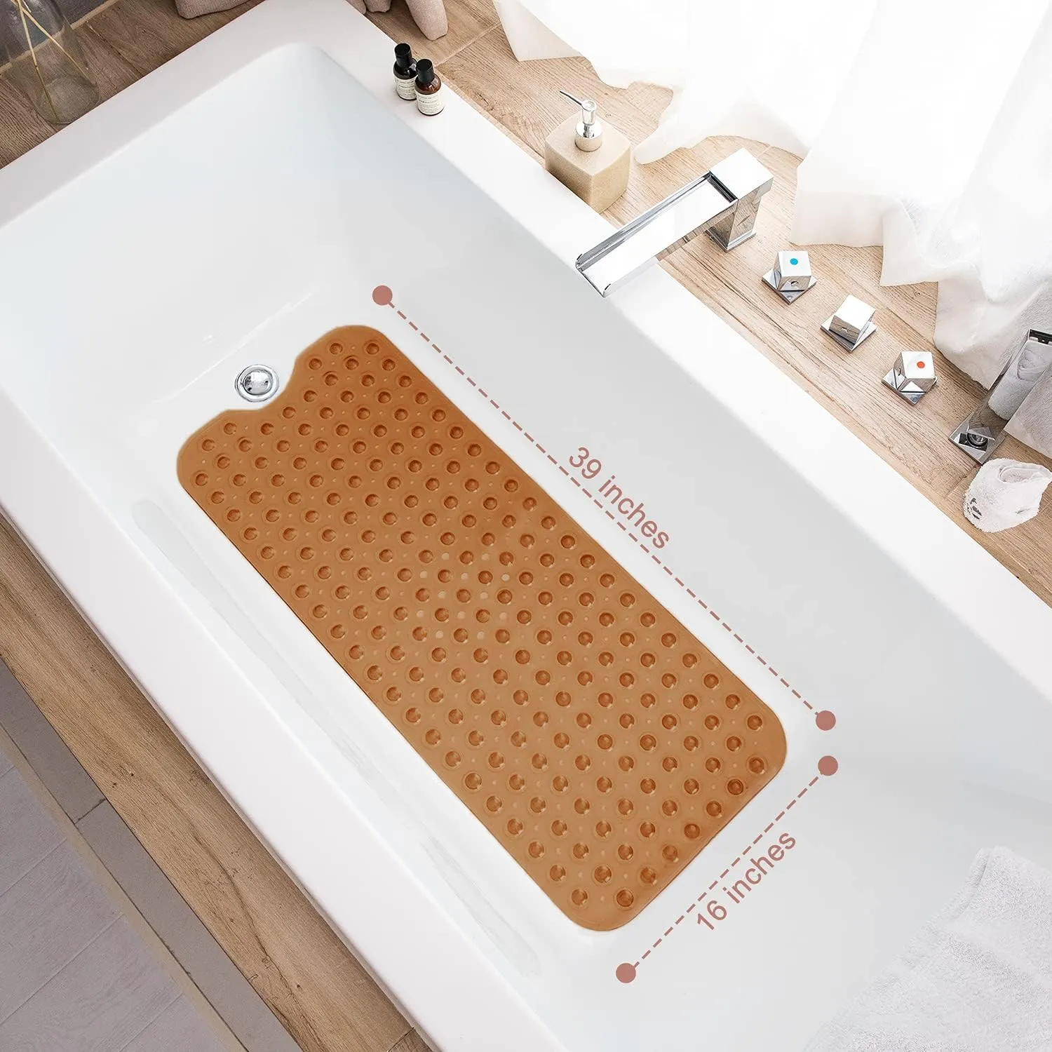 Bathtub Mats for Shower Tub, Extra Long Non-Slip 39 x 16 Inch Bath Mat with Drain Holes and Suction Cups, BathMat for Bathroom with Machine Washable (Clear Brown)